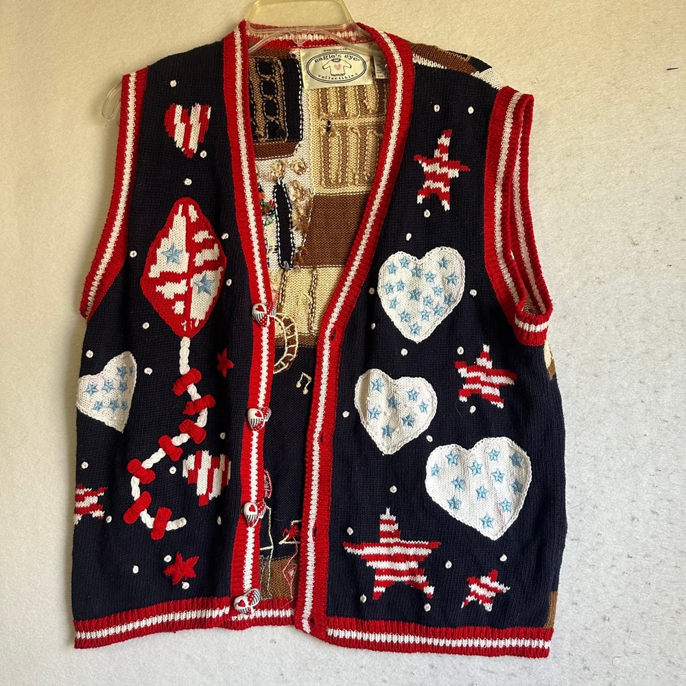 Vintage 1996 Eagle's Eye Americana Parade Sweater Vest Large Patriotic Hearts